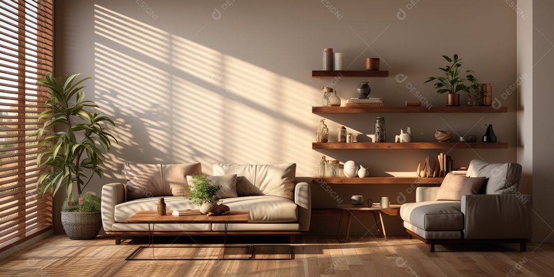 Interiores de apartamentos contemporâneos conceito de fundo de design casual materiais terrosos e tons de cores detalhes belos sob a luz do sol da manhã gerado por IA