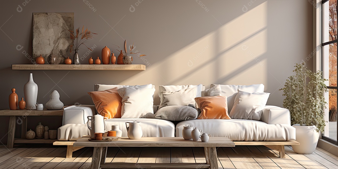 Interiores de apartamentos contemporâneos conceito de fundo de design casual materiais terrosos e tons de cores detalhes belos sob a luz do sol da manhã gerado por IA