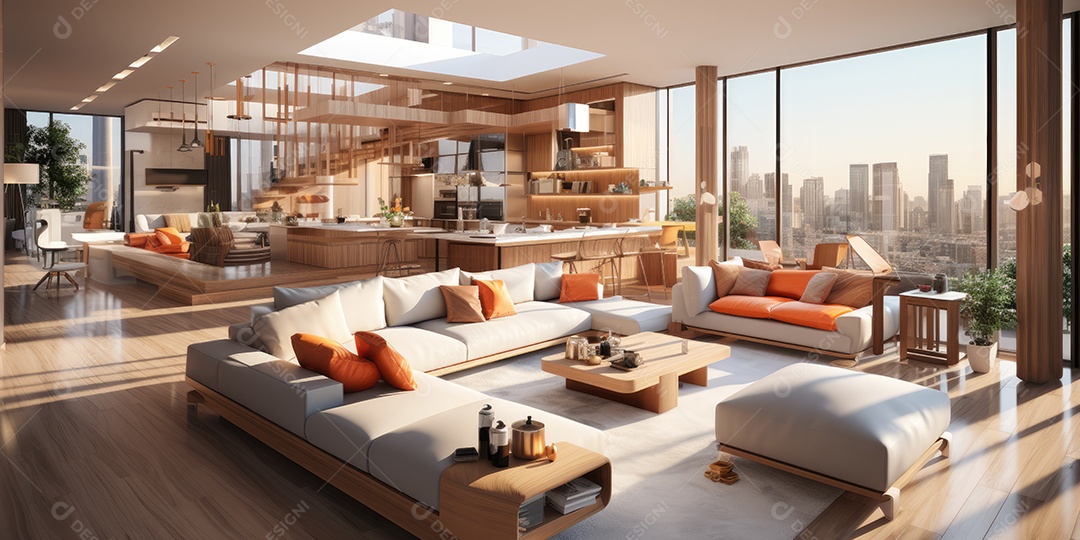 Interiores de apartamentos contemporâneos conceito de fundo de design casual materiais terrosos e tons de cores detalhes belos sob a luz do sol da manhã gerado por IA
