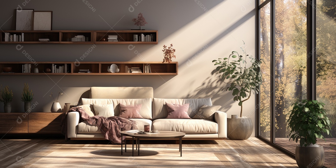 Interiores de apartamentos contemporâneos conceito de fundo de design casual materiais terrosos e tons de cores detalhes belos sob a luz do sol da manhã gerado por IA