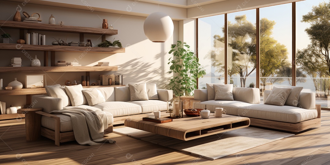 Interiores de apartamentos contemporâneos conceito de fundo de design casual materiais terrosos e tons de cores detalhes belos sob a luz do sol da manhã gerado por IA