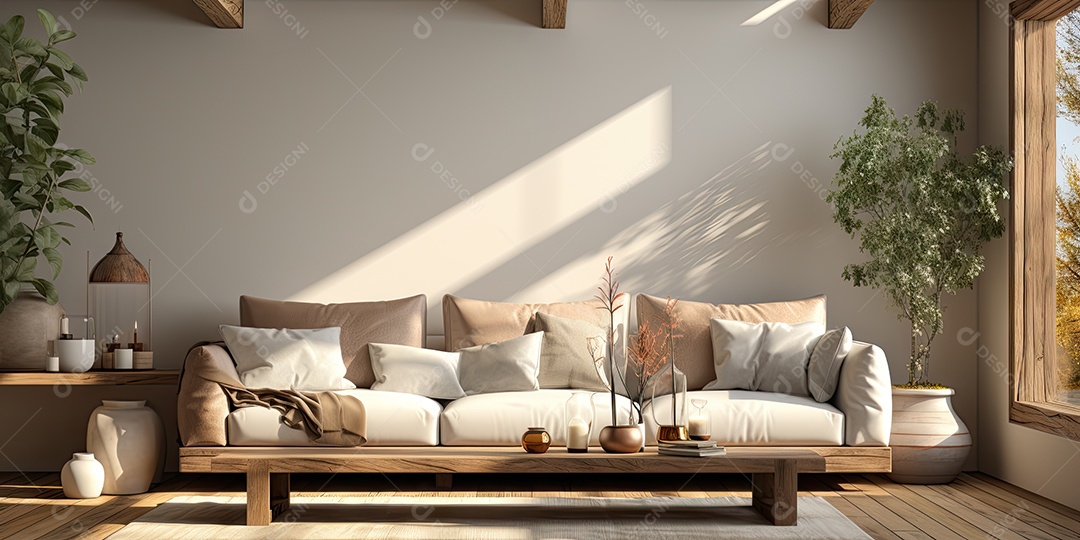 Interiores de apartamentos contemporâneos conceito de fundo de design casual materiais terrosos e tons de cores detalhes belos sob a luz do sol da manhã gerado por IA