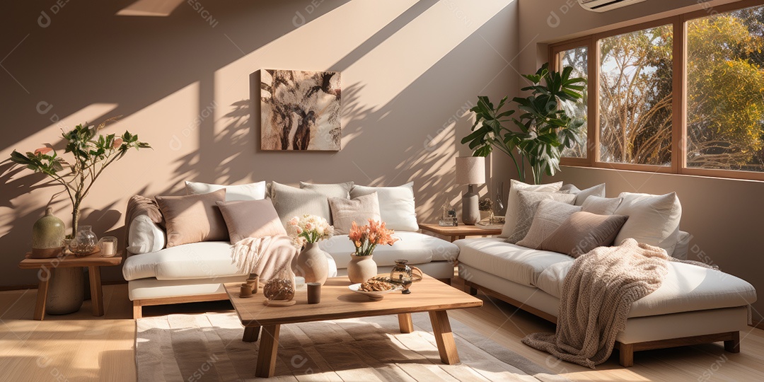 Interiores de apartamentos contemporâneos conceito de fundo de design casual materiais terrosos e tons de cores detalhes belos sob a luz do sol da manhã gerado por IA