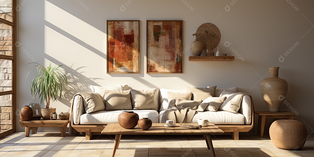 Interiores de apartamentos contemporâneos conceito de fundo de design casual materiais terrosos e tons de cores detalhes belos sob a luz do sol da manhã gerado por IA