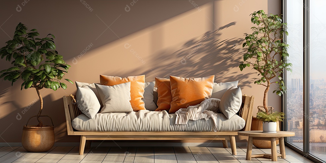 Interiores de apartamentos contemporâneos conceito de fundo de design casual materiais terrosos e tons de cores detalhes belos sob a luz do sol da manhã gerado por IA