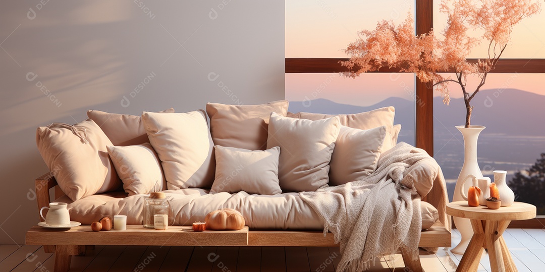 Interiores de apartamentos contemporâneos conceito de fundo de design casual materiais terrosos e tons de cores detalhes belos sob a luz do sol da manhã gerado por IA