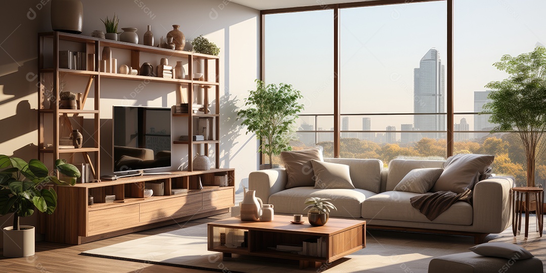 Interiores de apartamentos contemporâneos conceito de fundo de design casual materiais terrosos e tons de cores detalhes belos sob a luz do sol da manhã gerado por IA