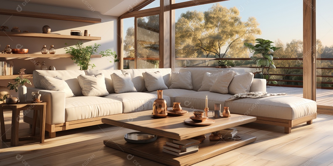 Interiores de apartamentos contemporâneos conceito de fundo de design casual materiais terrosos e tons de cores detalhes belos sob a luz do sol da manhã gerado por IA