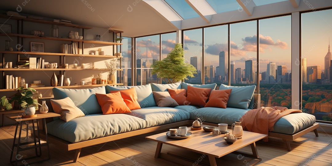 Interiores de apartamentos contemporâneos conceito de fundo de design casual materiais terrosos e tons de cores detalhes belos sob a luz do sol da manhã gerado por IA