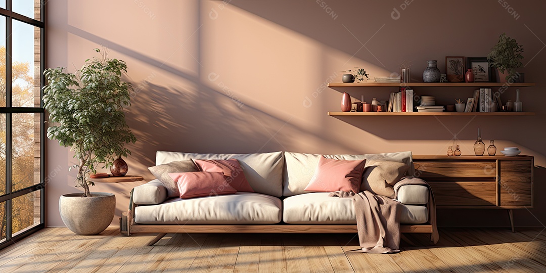 Interiores de apartamentos contemporâneos conceito de fundo de design casual materiais terrosos e tons de cores detalhes belos sob a luz do sol da manhã gerado por IA