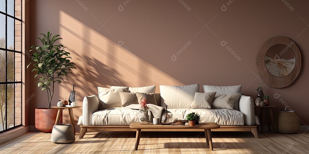 Interiores de apartamentos contemporâneos conceito de fundo de design casual materiais terrosos e tons de cores detalhes belos sob a luz do sol da manhã gerado por IA