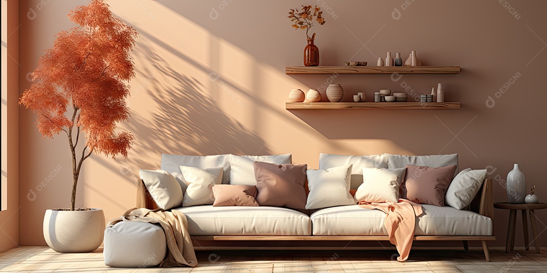 Interiores de apartamentos contemporâneos conceito de fundo de design casual materiais terrosos e tons de cores detalhes belos sob a luz do sol da manhã gerado por IA