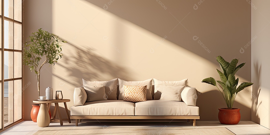 Interiores de apartamentos contemporâneos conceito de fundo de design casual materiais terrosos e tons de cores detalhes belos sob a luz do sol da manhã gerado por IA