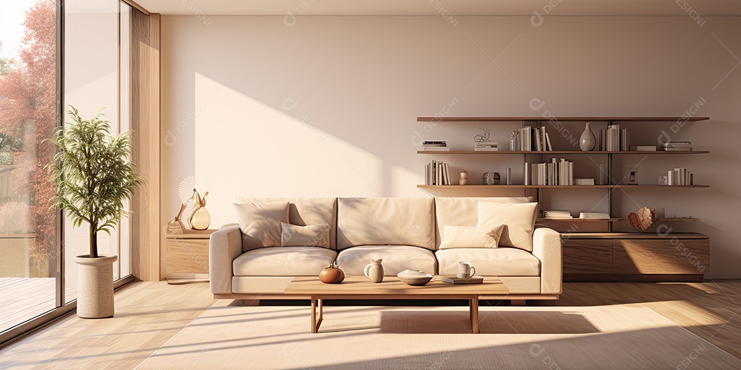 Interiores de apartamentos contemporâneos conceito de fundo de design casual materiais terrosos e tons de cores detalhes belos sob a luz do sol da manhã gerado por IA