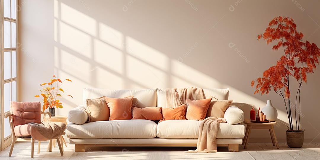 Interiores de apartamentos contemporâneos conceito de fundo de design casual materiais terrosos e tons de cores detalhes belos sob a luz do sol da manhã gerado por IA