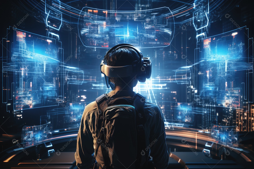 Homem usa um óculos de realidade virtual e interage com uma tela de realidade virtual e uma interface de usuário