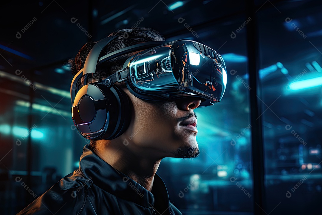 Homem usa um óculos de realidade virtual e interage com uma tela de realidade virtual e uma interface de usuário