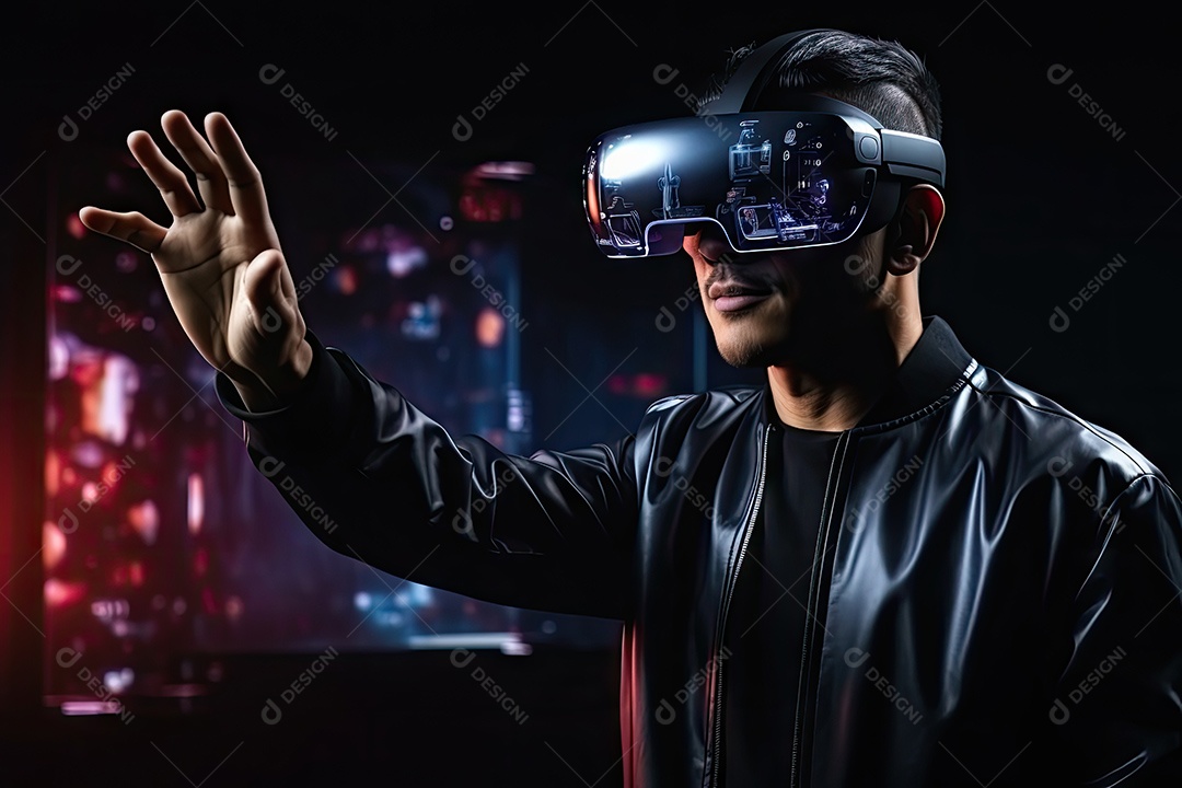 Homem usa um óculos de realidade virtual e interage com uma tela de realidade virtual e uma interface de usuário