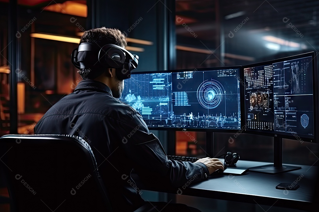 Homem usa um óculos de realidade virtual e interage com uma tela de realidade virtual e uma interface de usuário