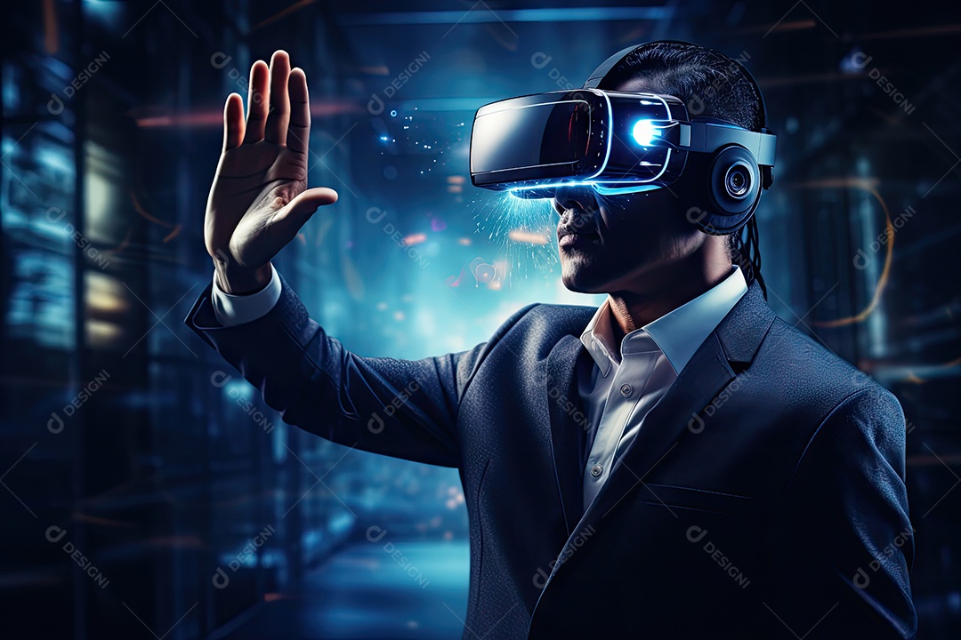 Homem usa um óculos de realidade virtual e interage com uma tela de realidade virtual e uma interface de usuário