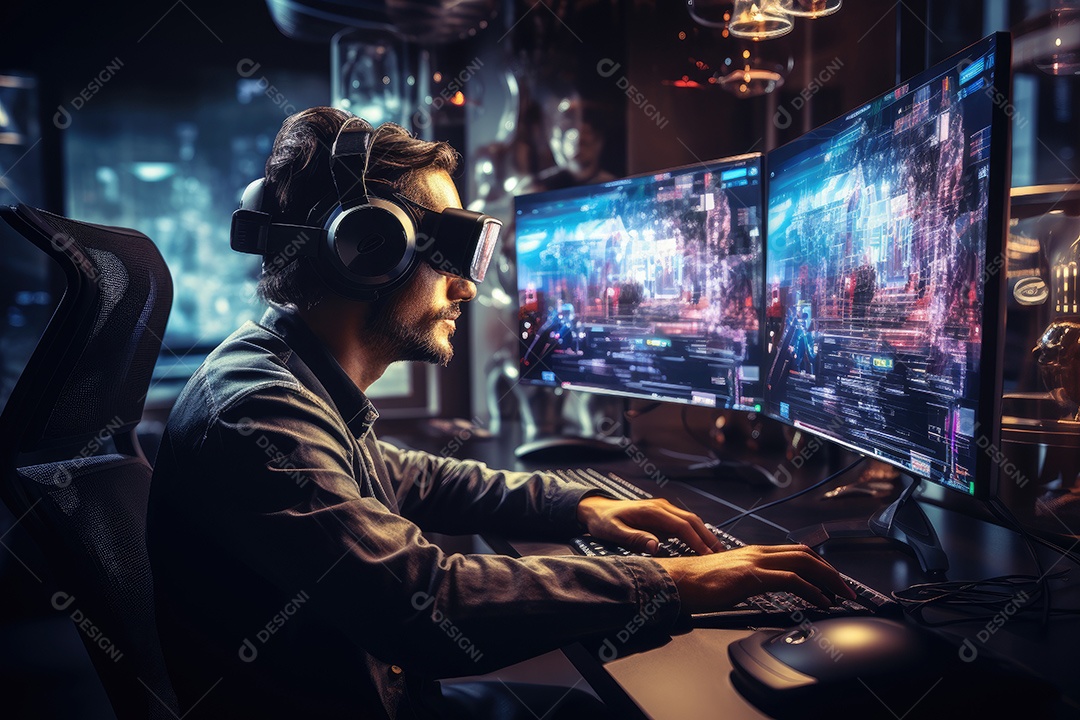 Homem usa um óculos de realidade virtual e interage com uma tela de realidade virtual e uma interface de usuário