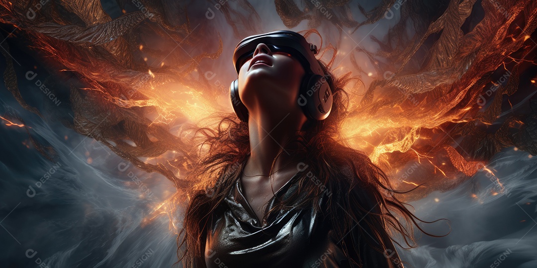 Homem usa um óculos de realidade virtual e interage com uma tela de realidade virtual e uma interface de usuário