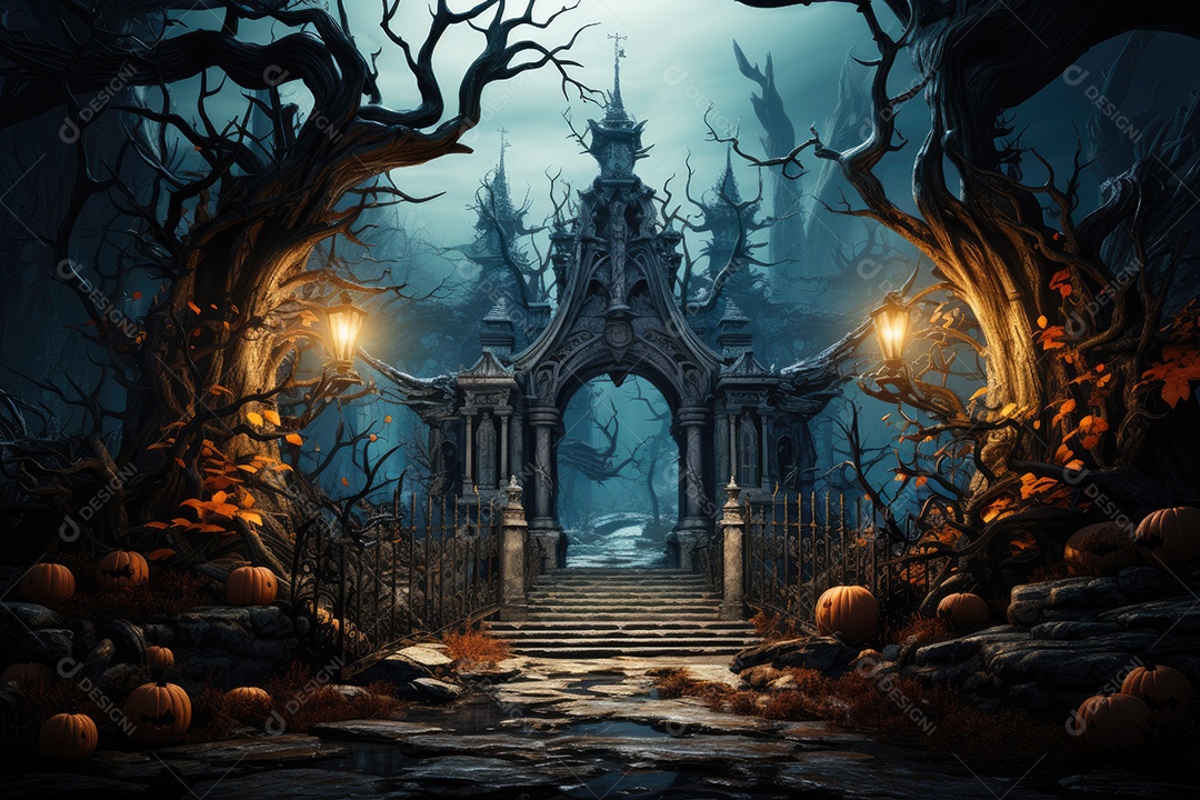 Porta com fundo de corvo portão de cemitério assustador gerado por IA