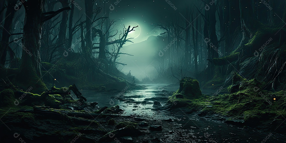 Uma floresta sinistra e misteriosa em um universo paralelo gerado por IA