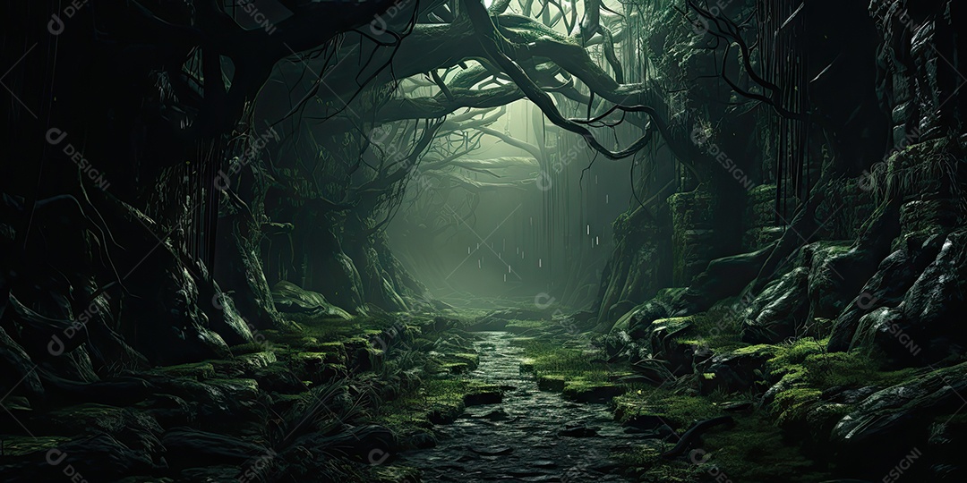 Uma floresta sinistra e misteriosa em um universo paralelo gerado por IA