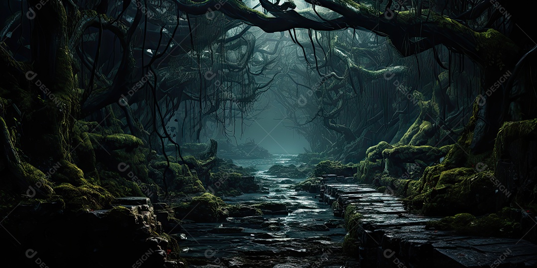 Uma floresta sinistra e misteriosa em um universo paralelo gerado por IA