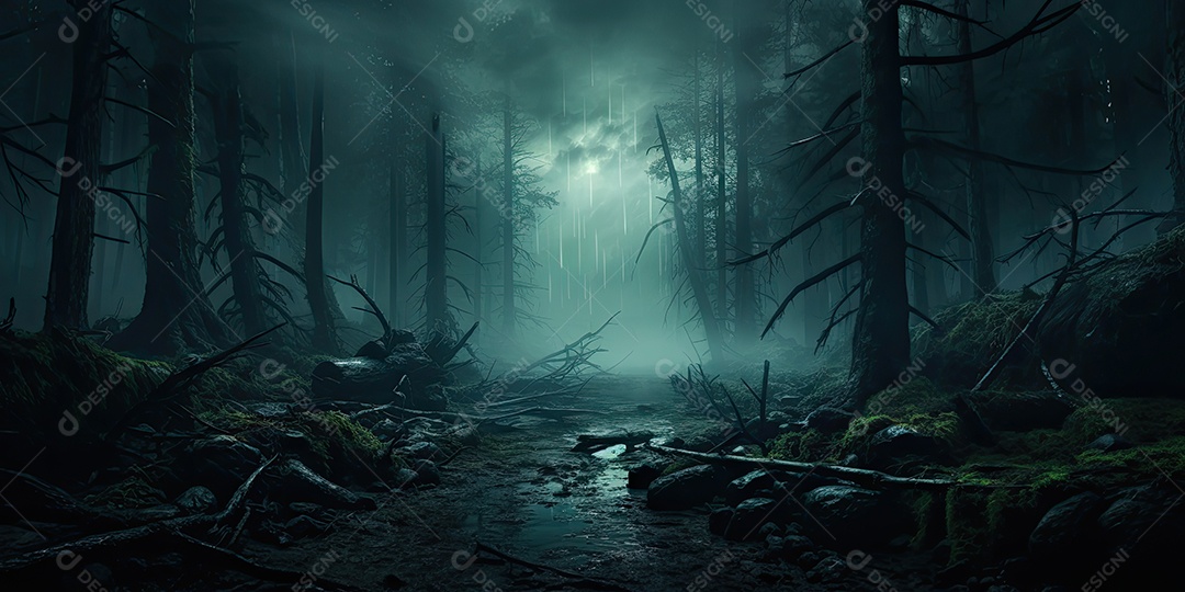 Uma floresta sinistra e misteriosa em um universo paralelo gerado por IA