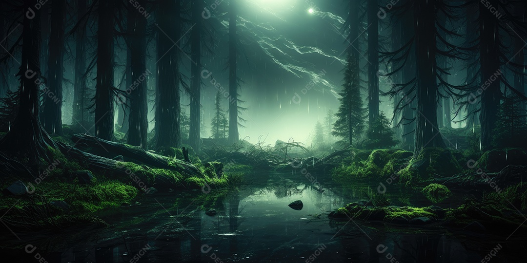 Uma floresta sinistra e misteriosa em um universo paralelo gerado por IA