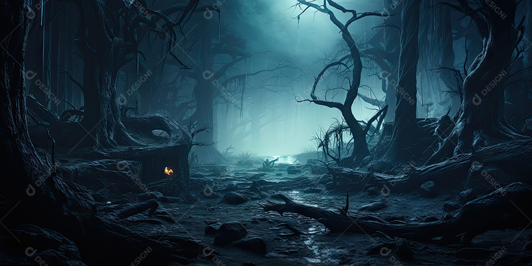 Uma floresta sinistra e misteriosa em um universo paralelo gerado por IA