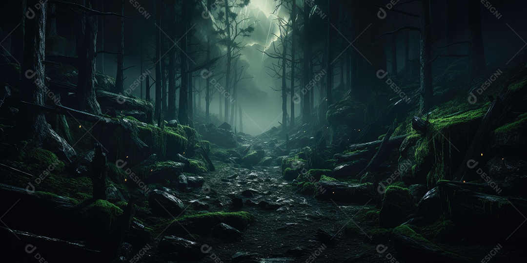 Uma floresta sinistra e misteriosa em um universo paralelo gerado por IA