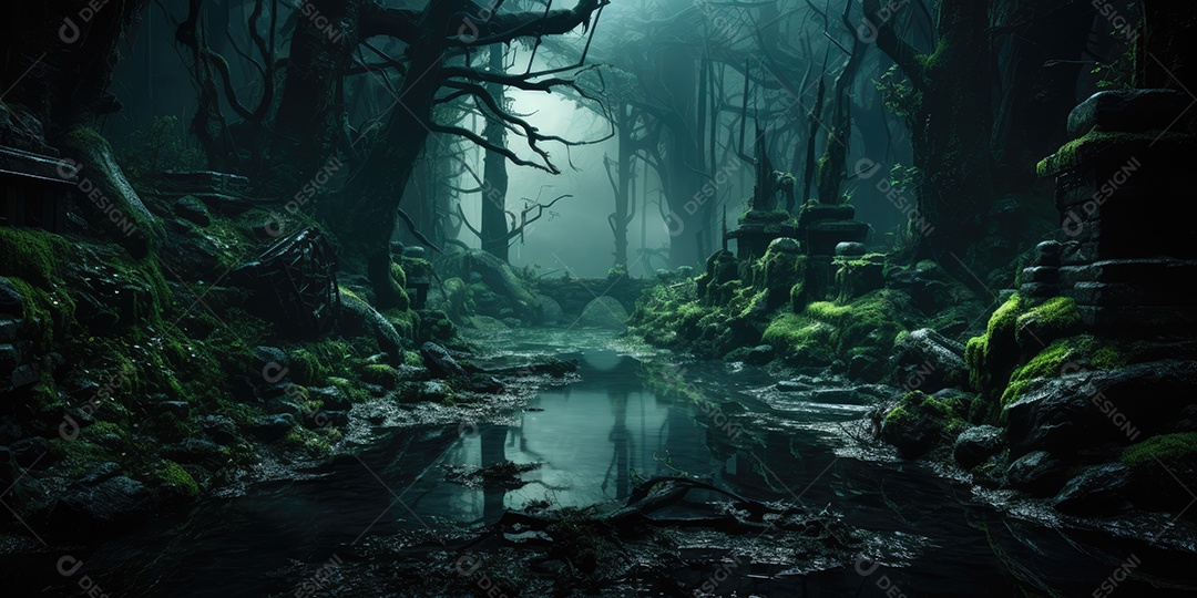 Uma floresta sinistra e misteriosa em um universo paralelo gerado por IA