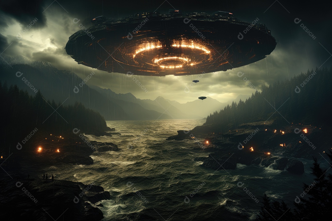 Um confronto feroz de um objeto voador sobre o vasto oceano gerado por IA