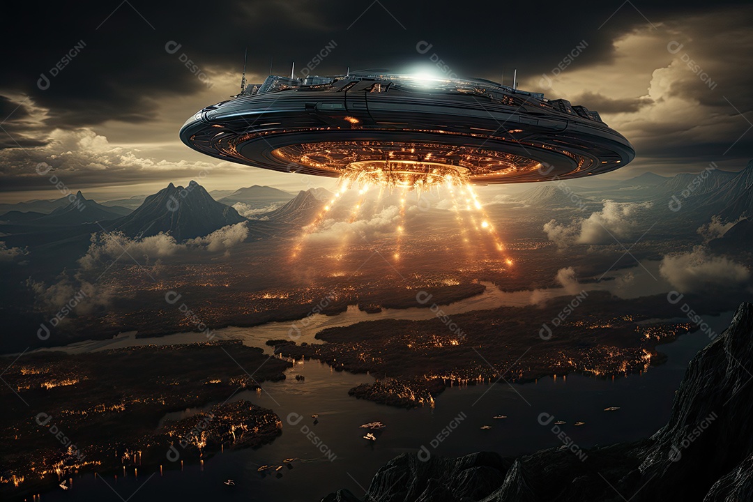 Um confronto feroz de um objeto voador sobre o vasto oceano gerado por IA