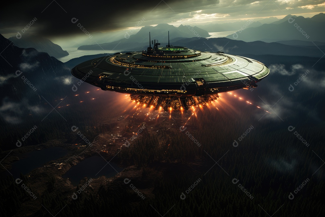 Um confronto feroz de um objeto voador sobre o vasto oceano gerado por IA