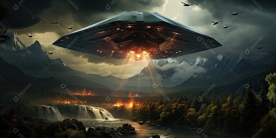 Um confronto feroz de um objeto voador sobre o vasto oceano gerado por IA