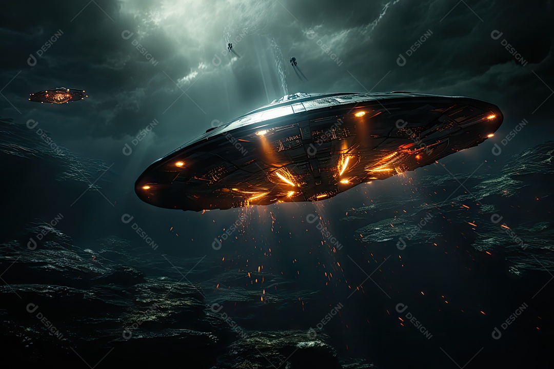 Um confronto feroz de um objeto voador sobre o vasto oceano gerado por IA
