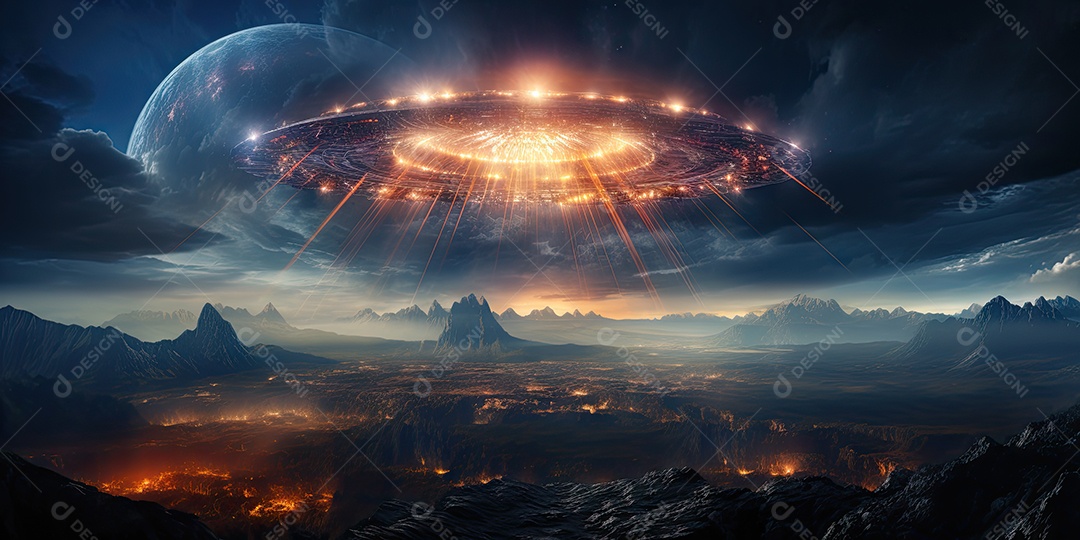 Um confronto feroz de um objeto voador sobre o vasto oceano gerado por IA