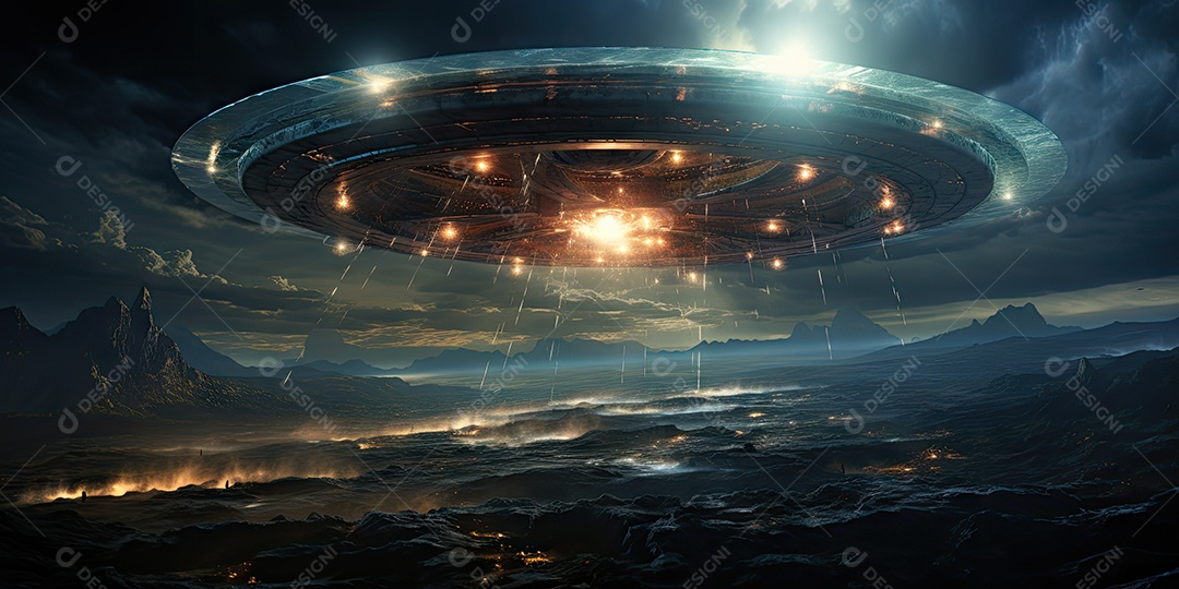 Um confronto feroz de um objeto voador sobre o vasto oceano gerado por IA