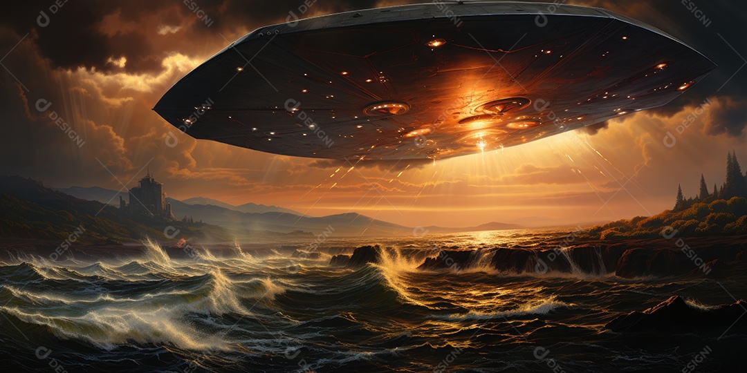 Um confronto feroz de um objeto voador sobre o vasto oceano gerado por IA