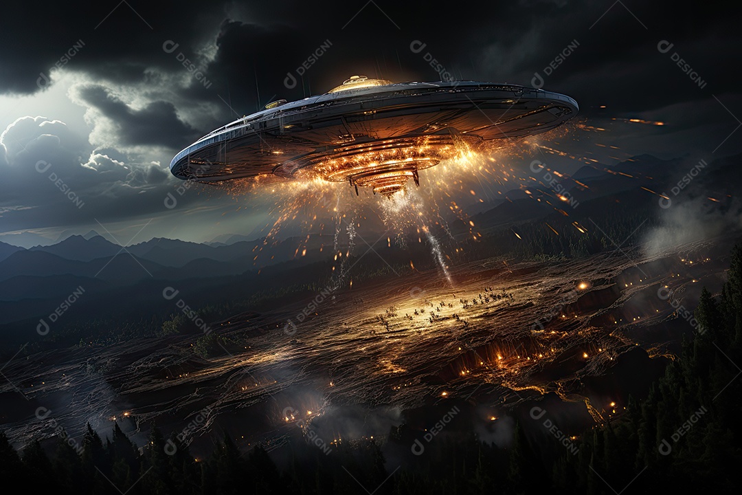 Um confronto feroz de um objeto voador sobre o vasto oceano gerado por IA