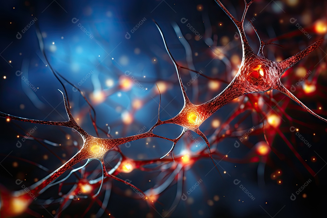 Ilustração das conexões de neurônios no cérebro humano para fins médicos ou educacionais por IA generativa