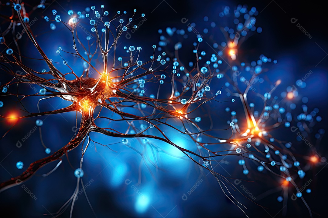Ilustração das conexões de neurônios no cérebro humano para fins médicos ou educacionais por IA generativa