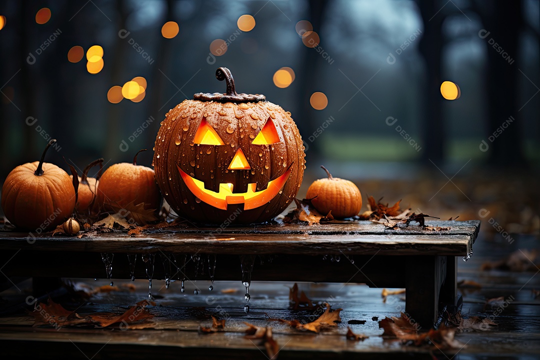 Uma assustadora abóbora de Halloween sobre banco de madeira