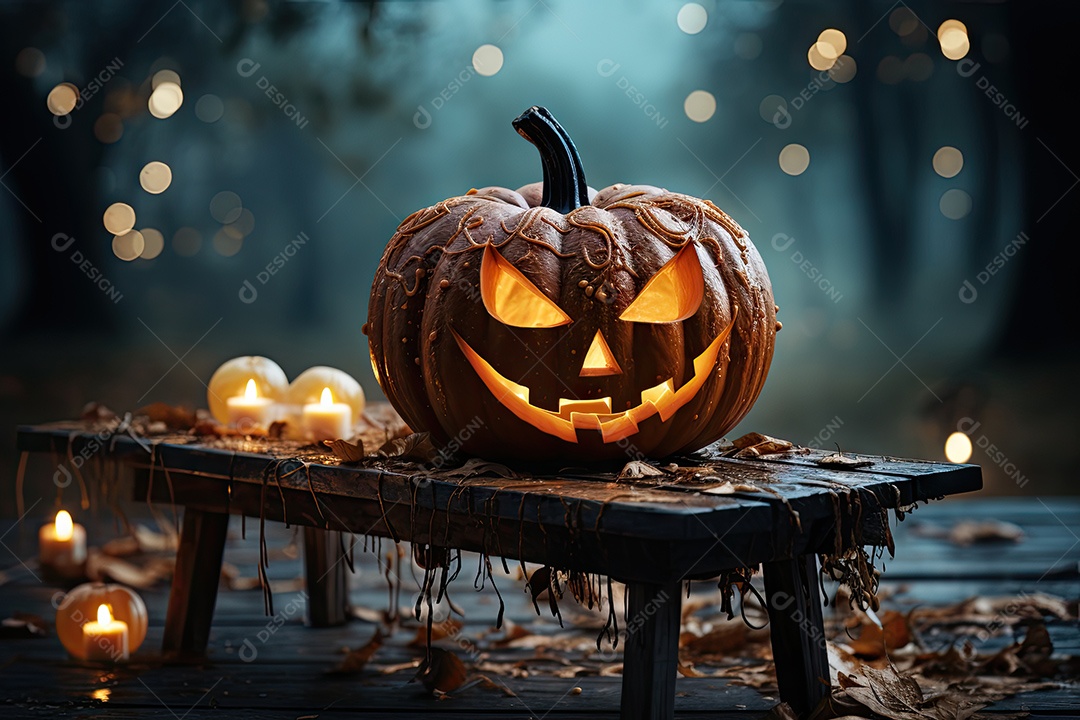 Uma assustadora abóbora de Halloween sobre banco de madeira