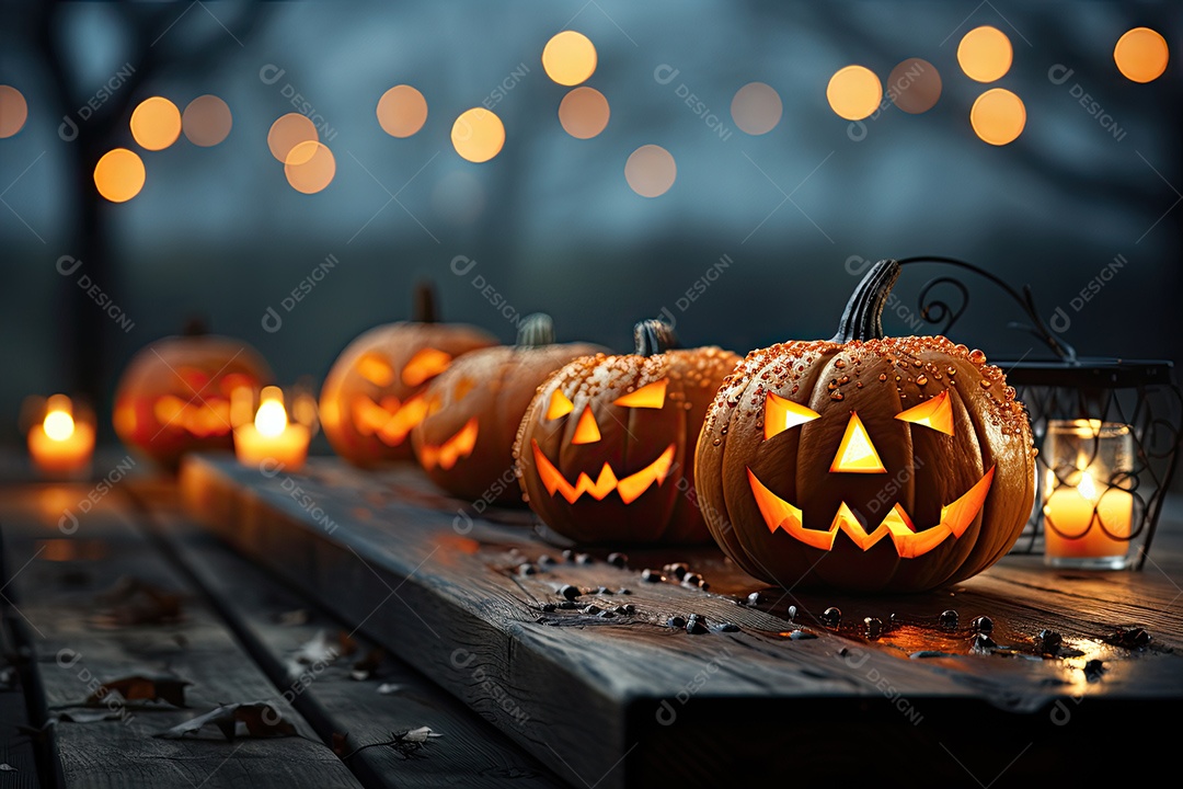 Uma assustadora abóbora de Halloween sobre banco de madeira