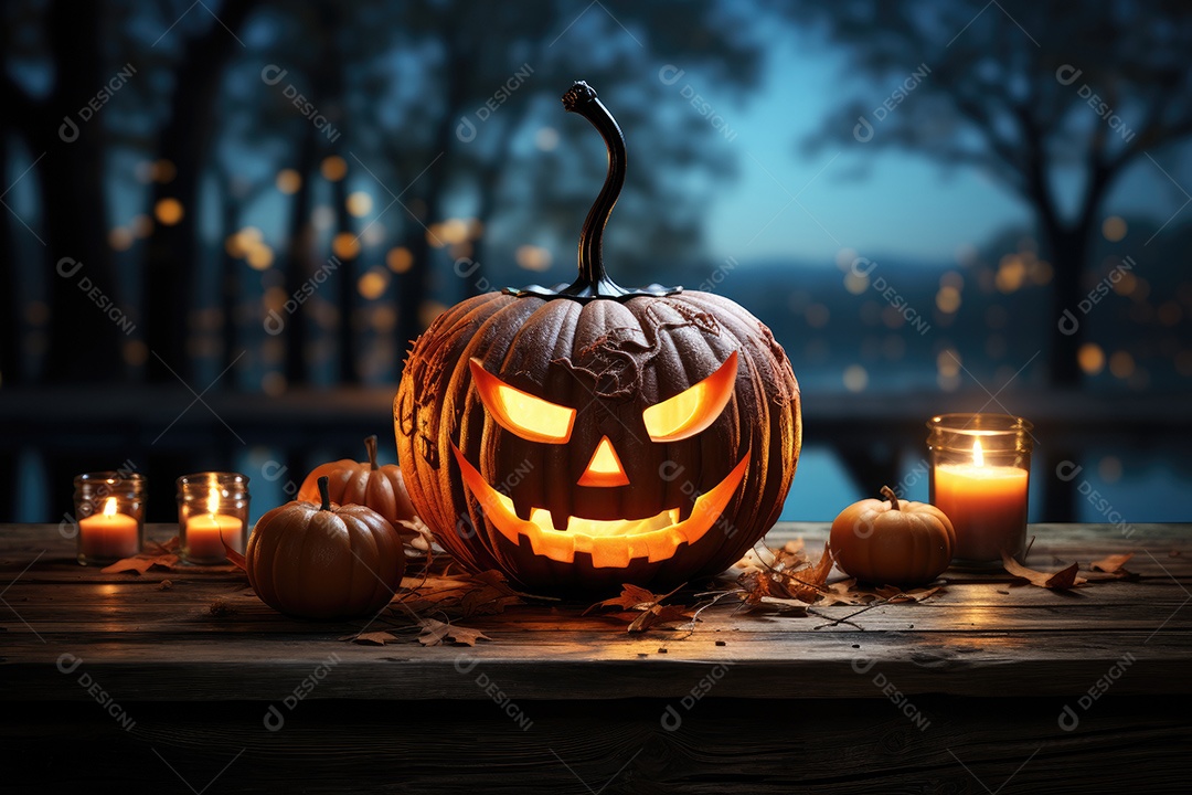 Uma assustadora abóbora de Halloween sobre banco de madeira